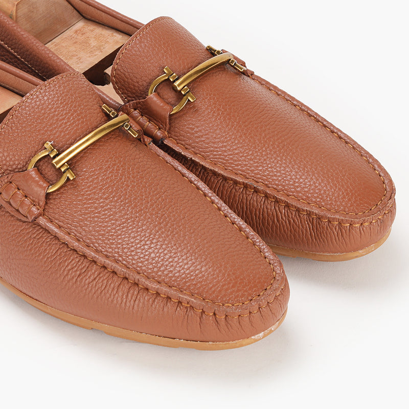 Horsebit Gold Buckle Loafers tan side angle zoom