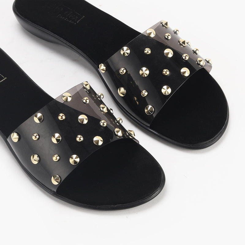 Studded Clear Strap Slides black side angle zoom