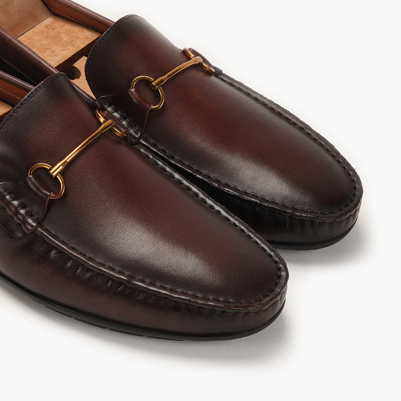 Bit Detailed Burnished Leather Loafers brown side angle zoom